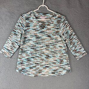 Allison Daley Petite Small PS 3/4 Sleeve Knit Top Blue Brown Pattern Ring Neck